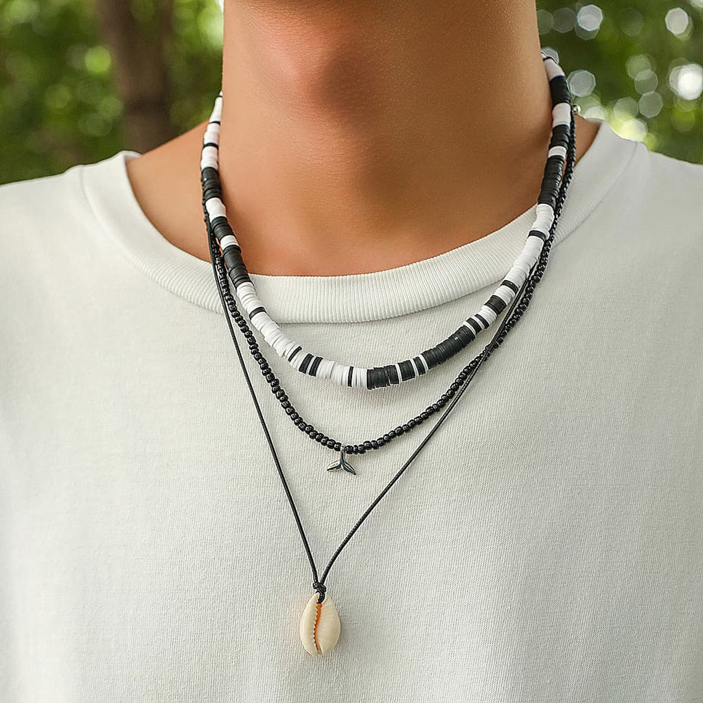 Colar Masculino Concha Praia Surfista Hip Hop Miçanga Cerâmica Boho Artesanal Moda Verão