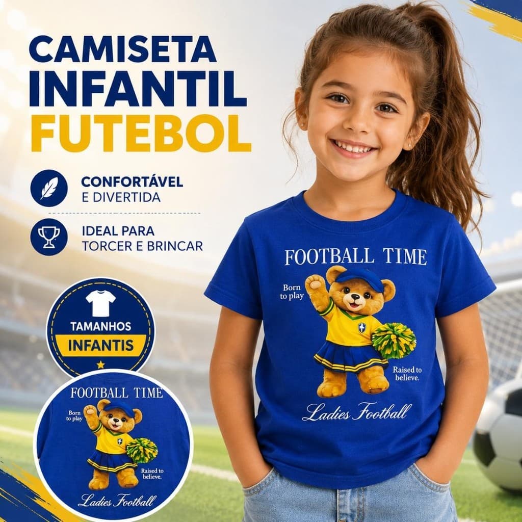 Camiseta Brasil Infantil Estampa Ursinho Gola Redonda 100% Algodão Tecido Leve Camisa