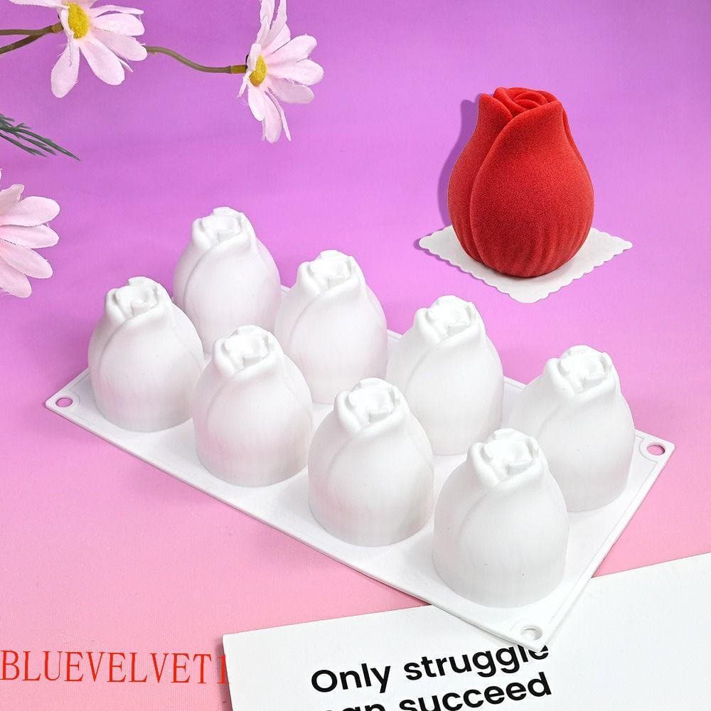 Moldes De Bolo De Silicone BLUEVELVET1 , Forma De Botão Flexível , Molde Mousse De Rosa Em Flor 3D De 8 Cavidades