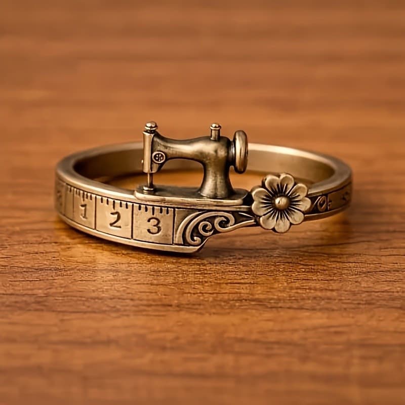 Anel elegante em formato de máquina de costura, com fita métrica e padrão floral, com design vintage, adequado para uso