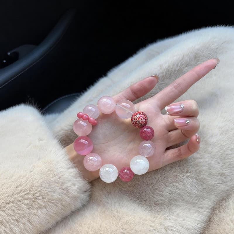 Natural rosa cristal rosa rosa piroxeno pulseira de cristal branco floco de neve fantasma Original frisado pulseira flor