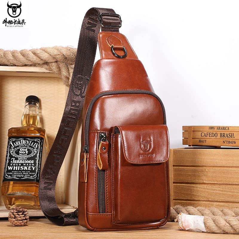 Capitão Niu Novo Estilo 2024 Bolsa de Peito Masculina de Couro de Primeira Camada de Couro Genuíno de Um Ombro Cross-Bod