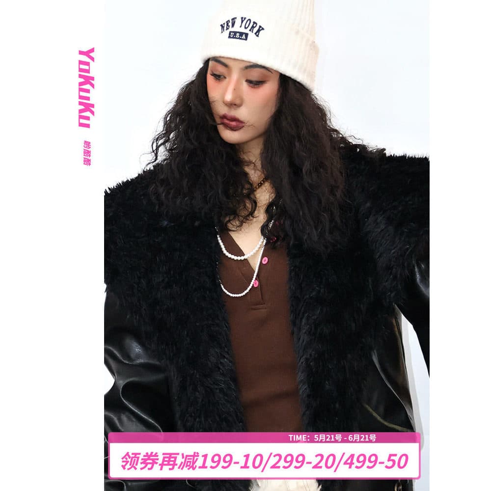 Yocool (Furen District) Inverno Quente Siberiano Retro Gola de Pele Grande Jaqueta de Couro Jaqueta À Prova de Vento Fem