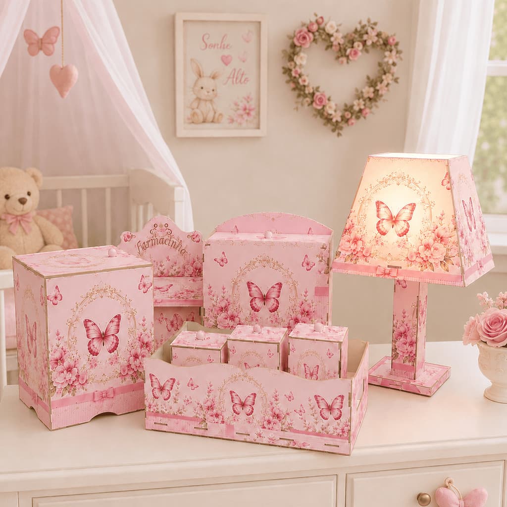 Kit Higiene Bebê 8 Peças MDF Borboleta Rosa Completo Com Abajur Quarto Menina