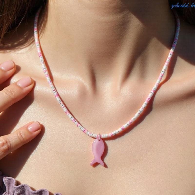 Colar com Pingente em Forma de Peixe com Contas zebeidd, Corrente Elegante de Comprimento Ajustável para Clavícula, Adeq