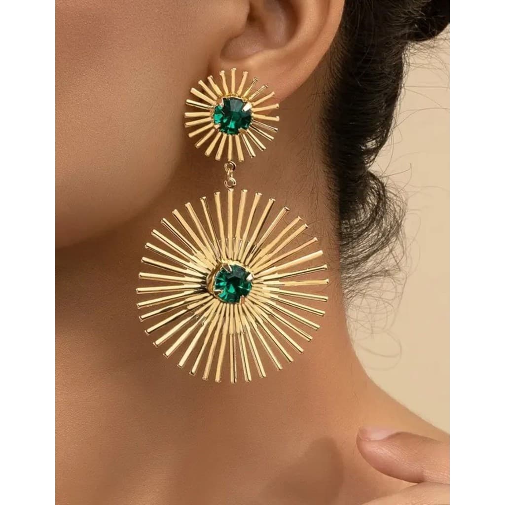 Brinco Feminino Boho Chic Raio de Sol Pedra Verde Brilhante