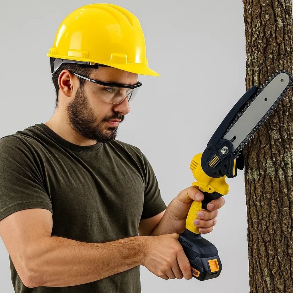 Motosserra Mini Elétrica Com Bateria Recarregável Bivolt para Jardim Podas Arvores Galhos Madeira Prática Versátil