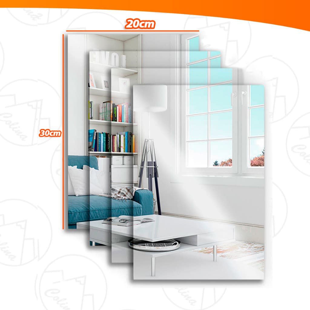 Kit 8x Espelho Placa 30x20cm Adesivo Acrílico Boa Nitidez Retangular Decorativo Quarto Sala Banheiro  Nano Shop