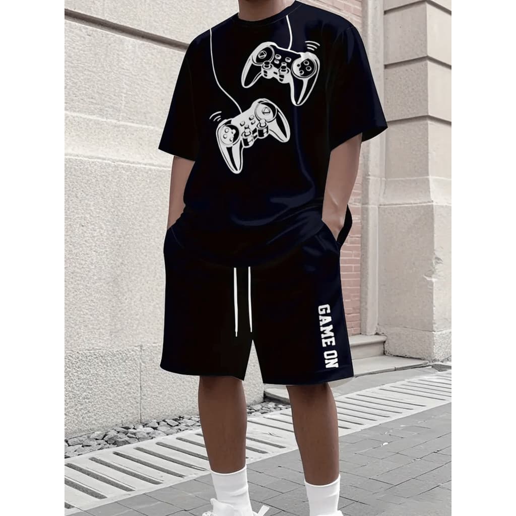 Conjunto Game On Gamer Estilo Streetwear Kit Camiseta 100% Algodão + Short Mauricinho Tactel