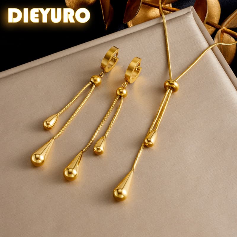 DIEYURO 316L Aço Inoxidável Ajustável Gota De Água Borlas Colar Brincos Mulheres Nova Moda Dourada Conjunto De Jóias Pre