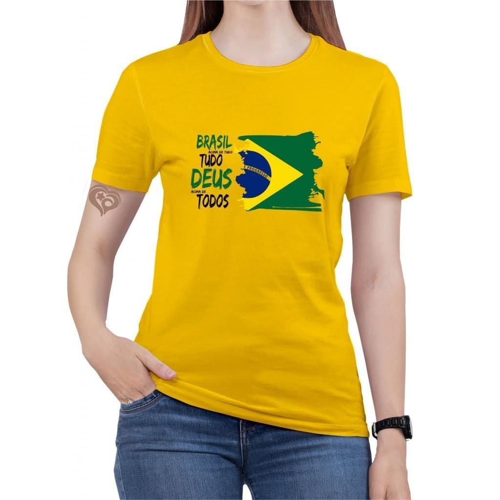 Camiseta Patriota Feminina Brasil Amarela Camisa Algodão 100% Look Casual Moda Torcida Fashion Pop