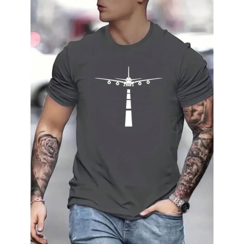 Camiseta Masculina De Gola Redonda Com Estampa De Aeroporto E Avião Blusa Casual De Manga Curta 100% Algodão Lançamento