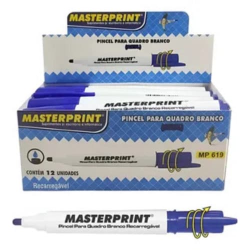 Pincel para Quadro Branco Azul MP619 Caixa com 12 Unidades Recarregável Masterprint