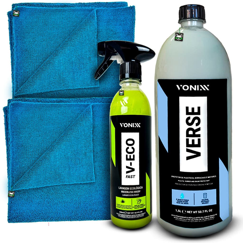 Kit Lavagem À Seco Carro Moto V-Eco C/ Cera Carnaúba 500ml + Verse Plástico Borracha 1,5L Vonixx