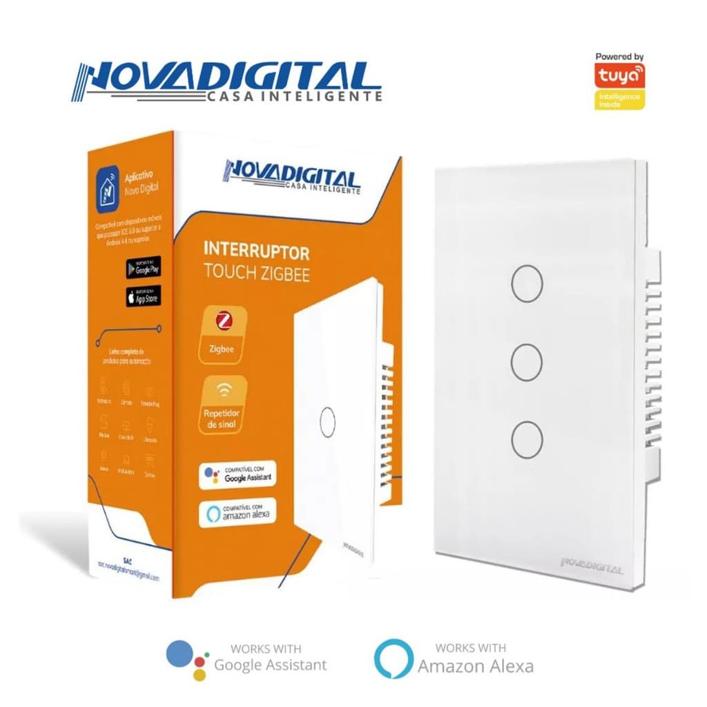 Interruptor Inteligente Touch Zigbee 3 Botões Branco Nova Digital - 4x2