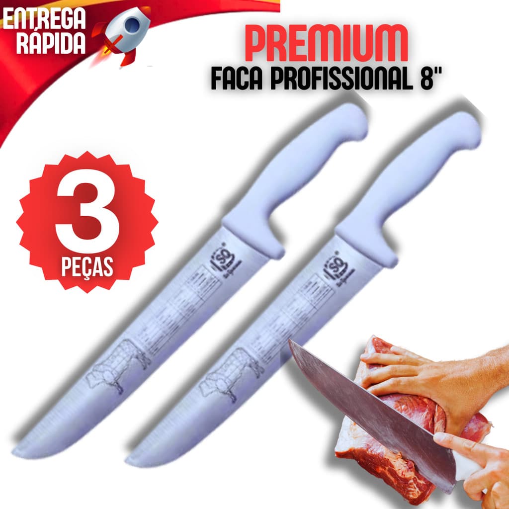 Kit 3 Faca 8" Churrasco Açougue Cozinha Cabo Branco Churrascaria Açougueiro