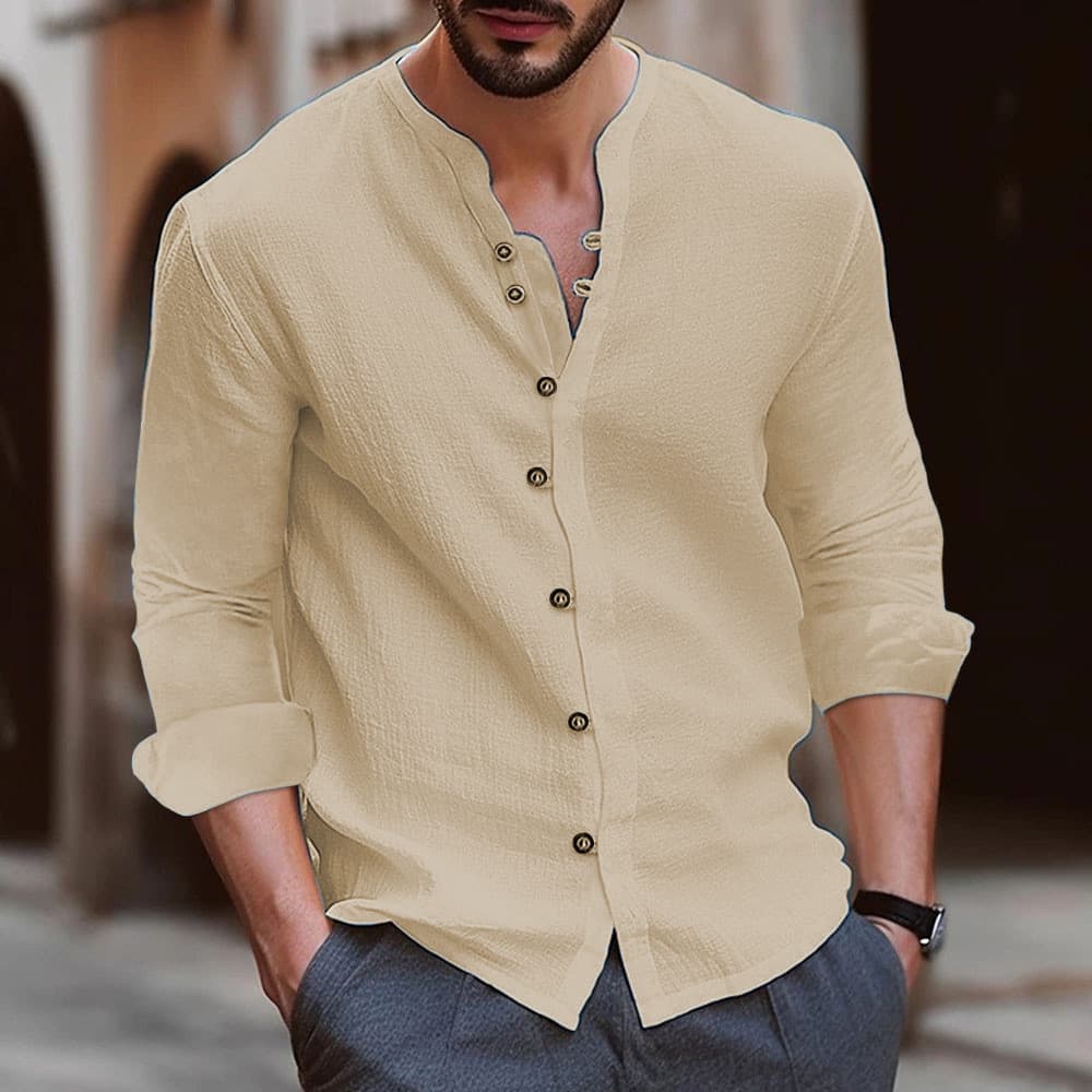 Primavera outono novo estilo Retro algodão linho Casual solto cor sólida camisa longa