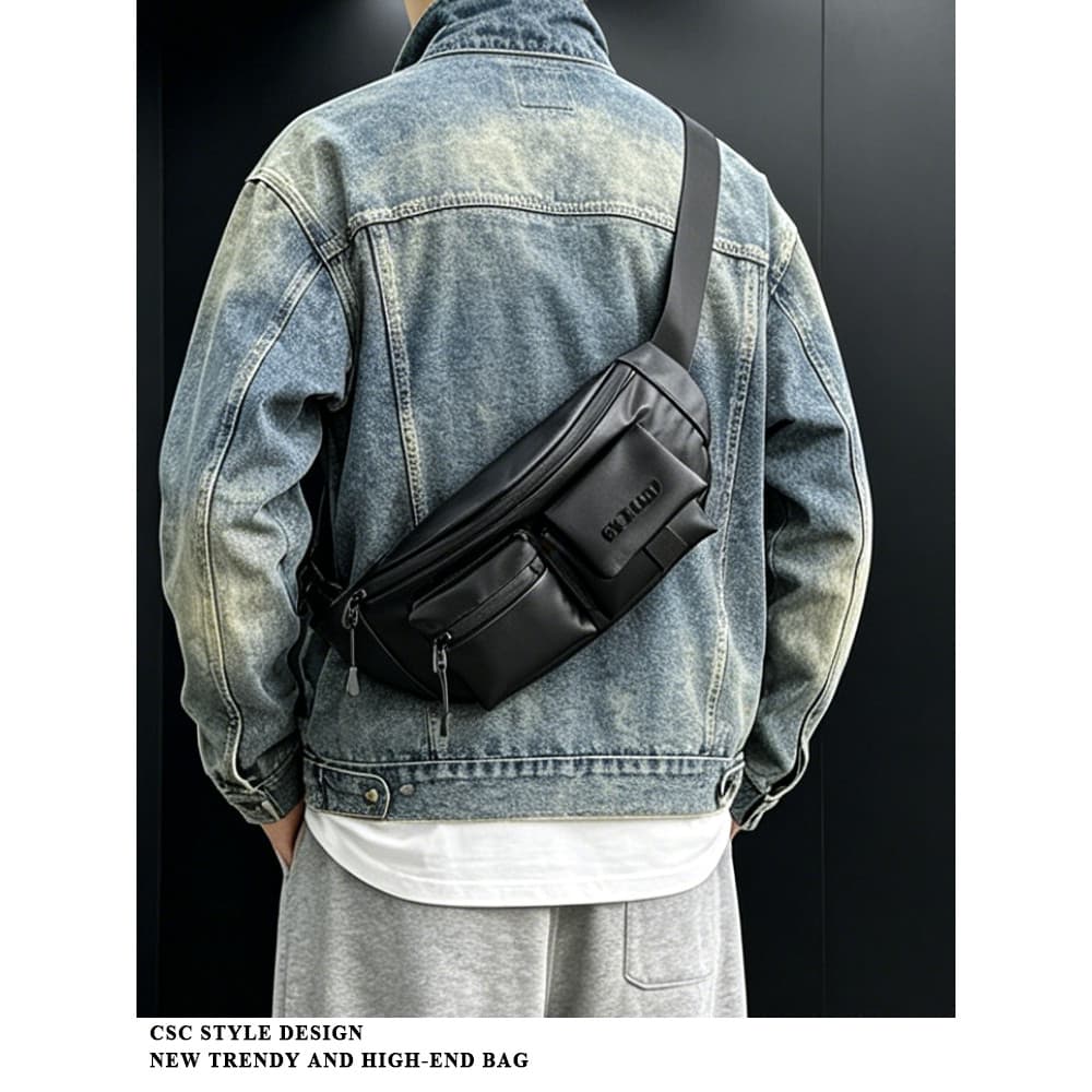 Bolsa de peito de couro escuro de grande capacidade estilo ferramentas masculinas Multi-bolso Commuter trabalho lateral