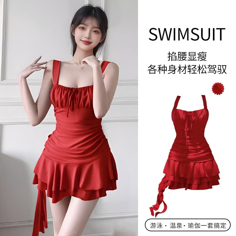 2025 novo estilo rosa vermelha chá Break maiô de uma peça feminino estilingue puro desejo estilo pequeno fresco à beira-