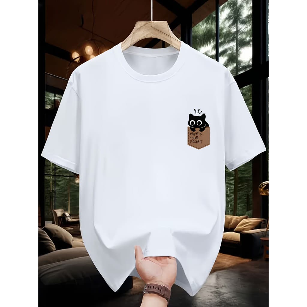 Camiseta Casual Basic  Gatinho Preto  Primavera/Verão 100% Algodão