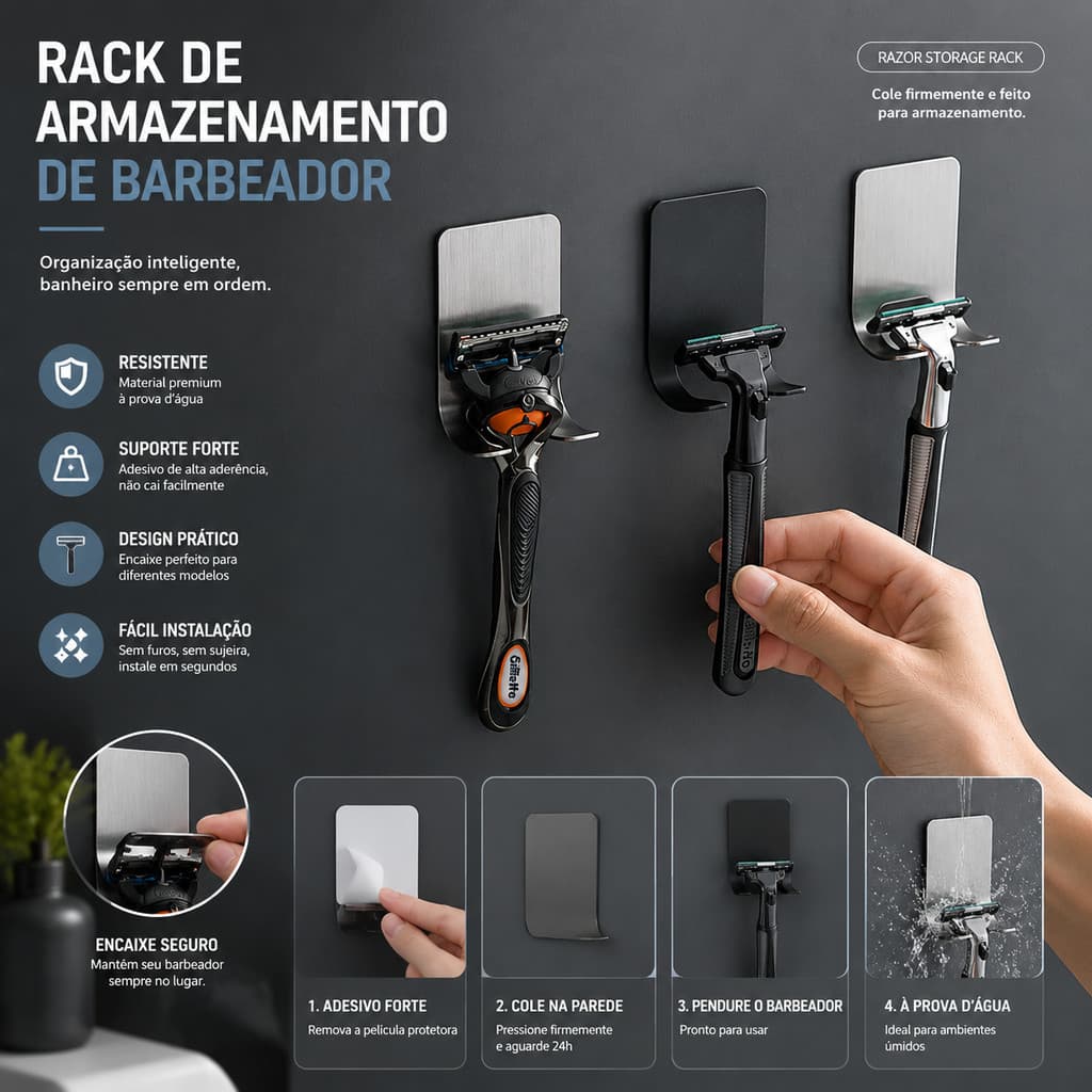 Suporte Para Parelho De Barbear Lamina Gillette Gilete Prestobarba Em Aço Inox Fita 3M