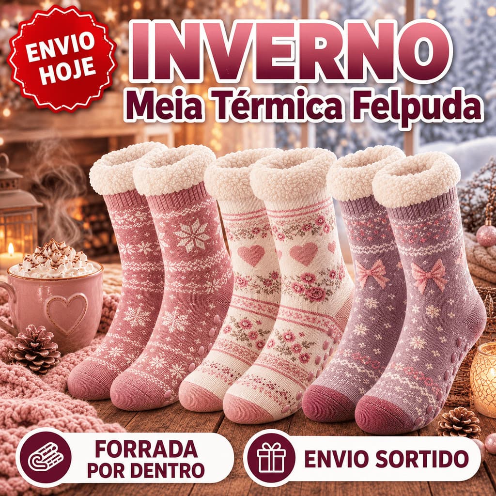 Kit 3 Meia Feminina Térmica Grossa Felpuda Quentinha Forrada Para Inverno Frio