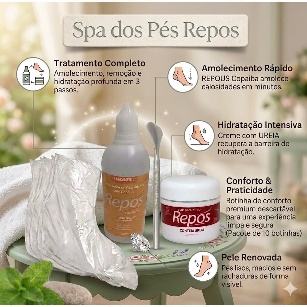 Kit Spa dos Pés Repos - Amolecedor, 150 ml Creme Ureia 120gr 10 Botinhas + Espatula 222- Tratamento Completo Pés Lisos