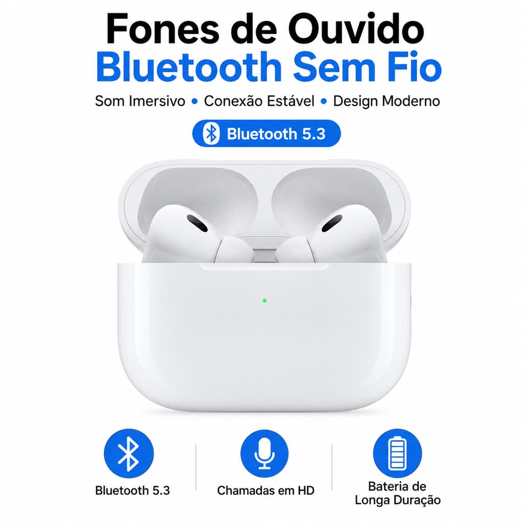 Fones de Ouvido Bluetooth Sem Fio Versão 5.3 Conexão Super Estável Som Imersivo Design Compacto