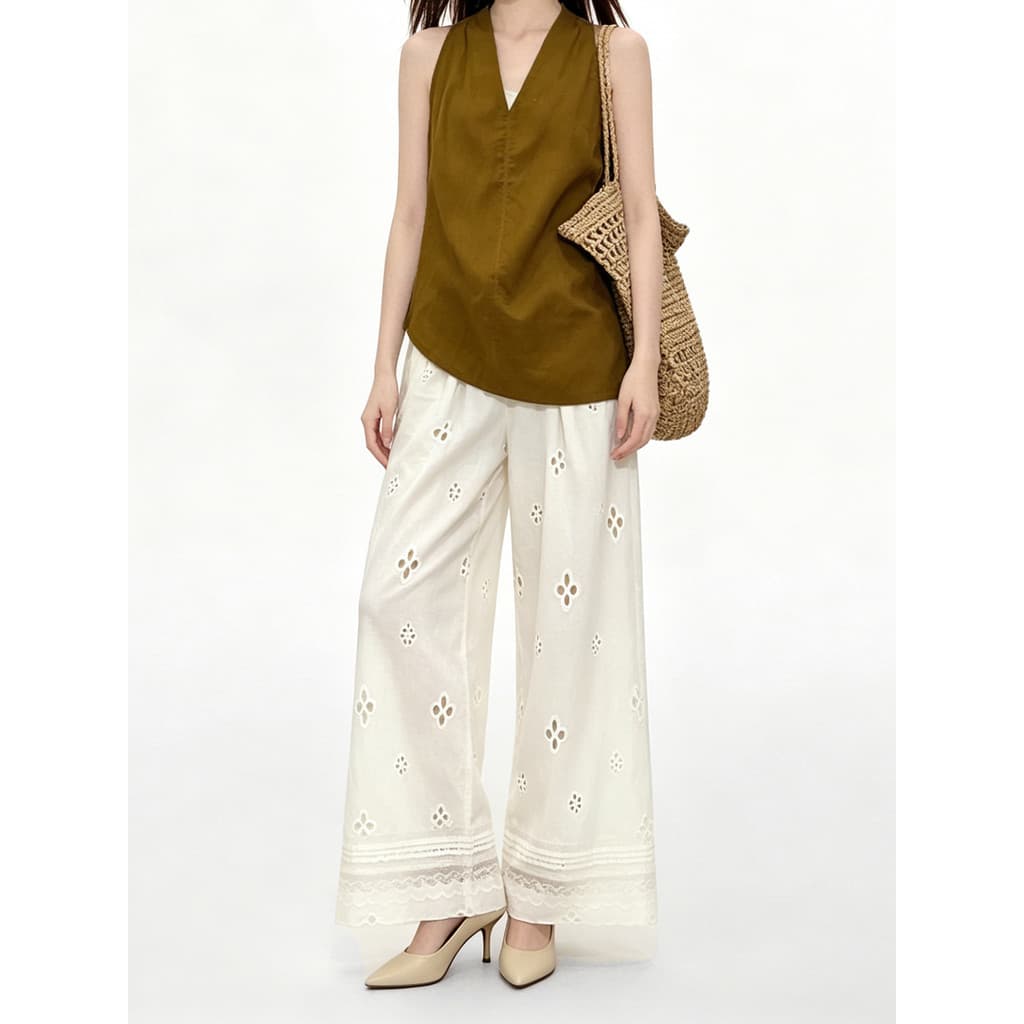 VERUMI estilo coreano oco renda costura calças de perna larga feminina verão cintura alta Design solto calças casuais de