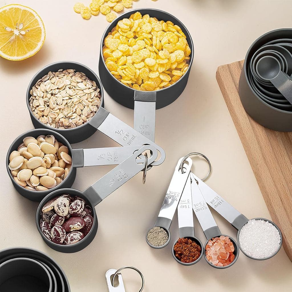 Conjunto de Copos e Colheres Medidoras, Utensílios Essenciais de Cozinha 8 Peças, Copos e Colheres Medidoras Empilháveis