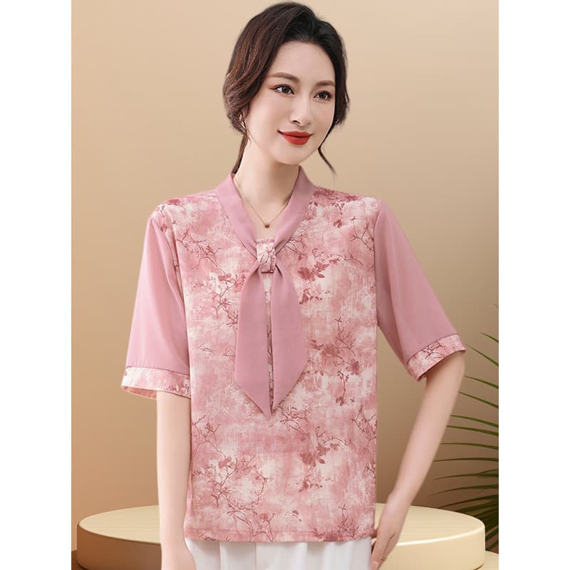Mãe de meia-idade usar 2026 novo estilo verão feminino com decote em V amarrado Chiffon camisa estilo ocidental redução