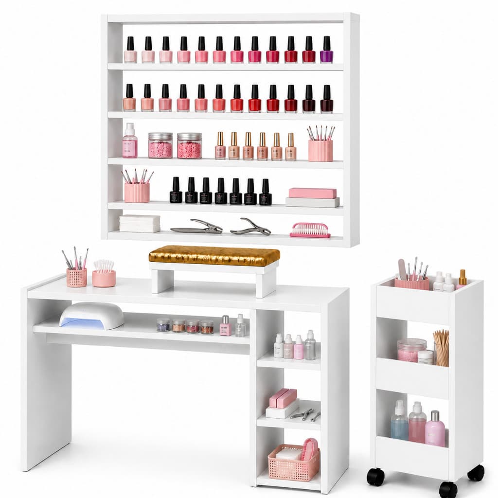 Kit Completo Manicure Profissional Mesa Carrinho Expositor Esmaltes Apoio De Mão MDF