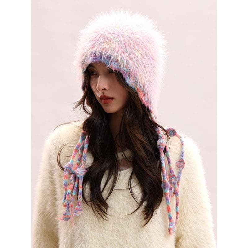 2025 novo estilo cor Retro malha rendas Lei Feng chapéu feminino outono inverno quente listrado cor combinando pena Ya