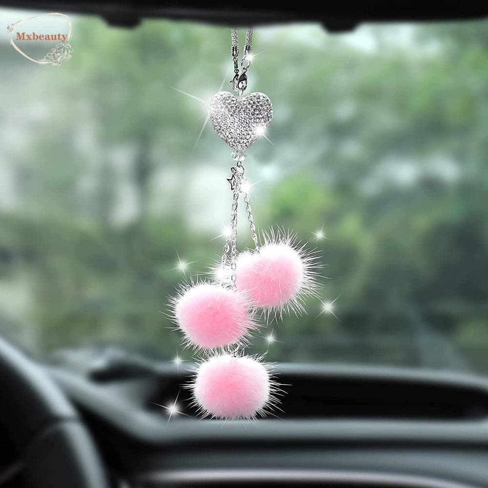 Decoração automotiva MXBEAUTY, estilo diamante brilhante, acessório decorativo com bola de pelúcia rosa EJXK