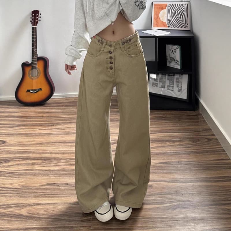 Novidade Primavera 2026: Jeans Feminino Solto, Efeito Emagrecedor, Cáqui, Estilo Retrô Americano, Com Botões NR7Q