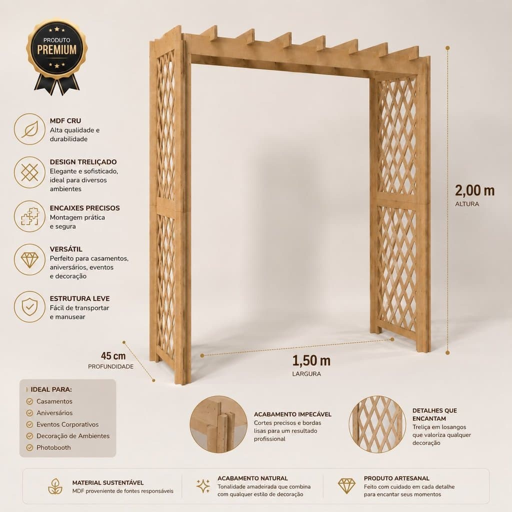 Pergolado MDF Treliçado 2m Arco Decorativo Casamento Festa Painel