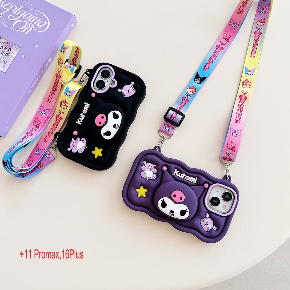 Para iphone 16 15 14 13 12 11 pro max plus 3D Dos Desenhos Animados 2 Em 1 Kuromi Com Cordão E Função De Suporte Capa De