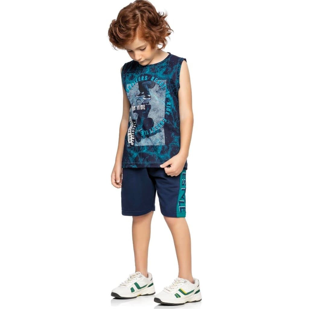 Conjunto Infantil Menino Verão Regata Estonada E Bermuda Skate 2 peças - Angerô