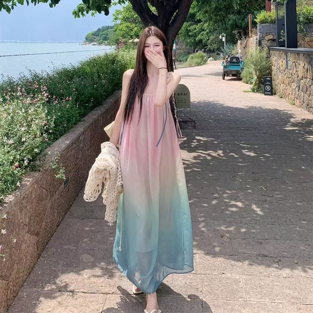 Estilo coreano doce gradiente praia temperamento estilingue vestido feminino 2026 verão novo Design beira-mar férias est