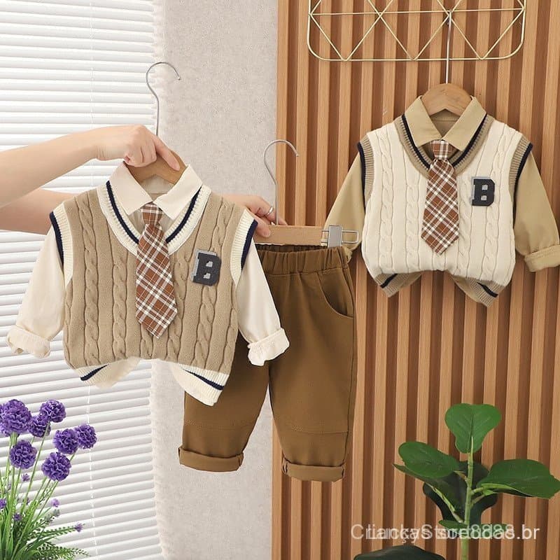 Conjunto de outono para meninos, suéter com gola em B, conjunto de três peças SXDV HDTJ