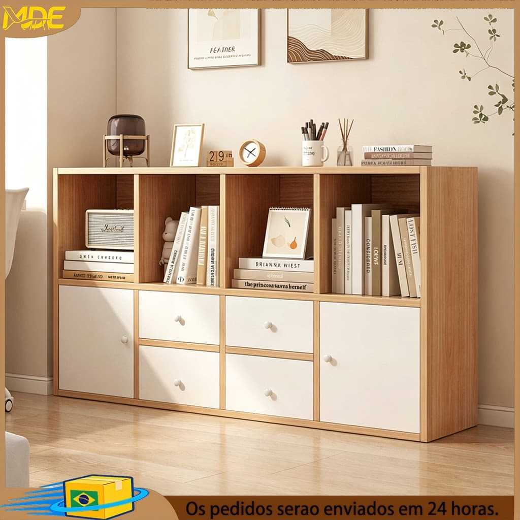 Estante de madeira com porta, estante para livros, armário baixo, piso, organizador de escritório doméstico, prateleiras