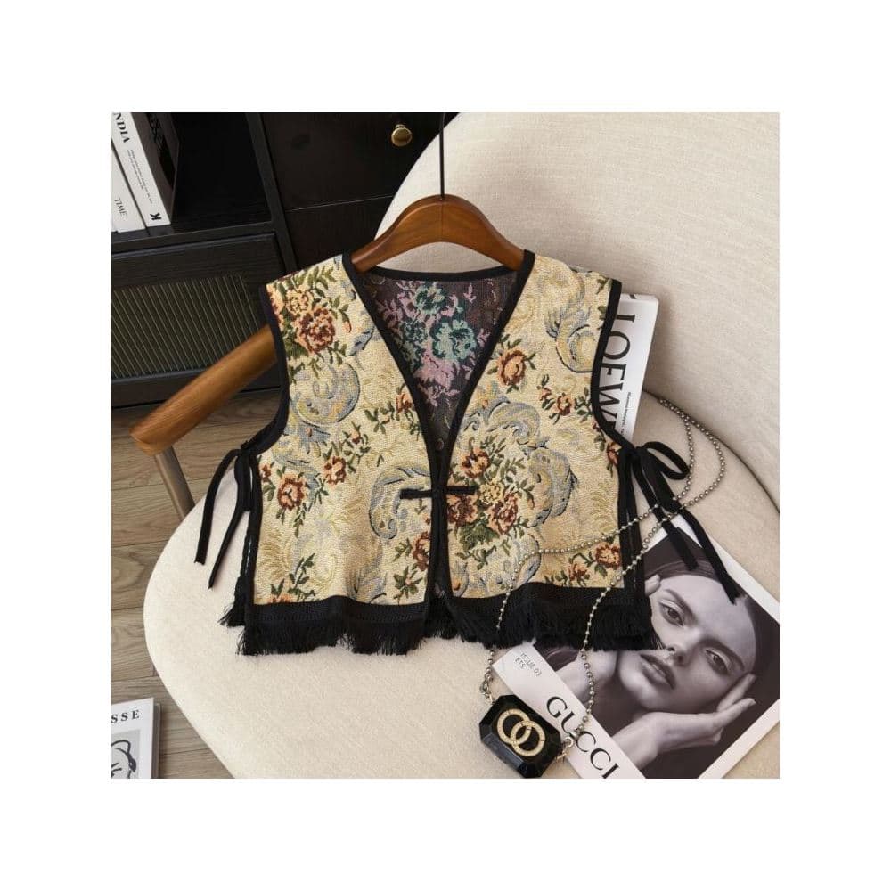 Bordado esculpido estilo étnico chinês fivela de disco pequeno colete borla rendas solto em camadas colete viagem Wear x