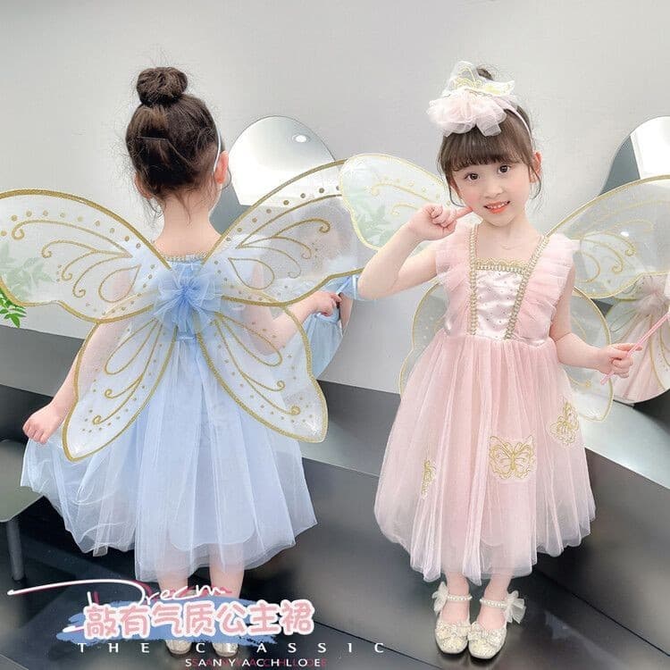 Meninas vestido asas de borboleta gaze saia masculina crianças vestido de desempenho bebê dos desenhos animados branca d
