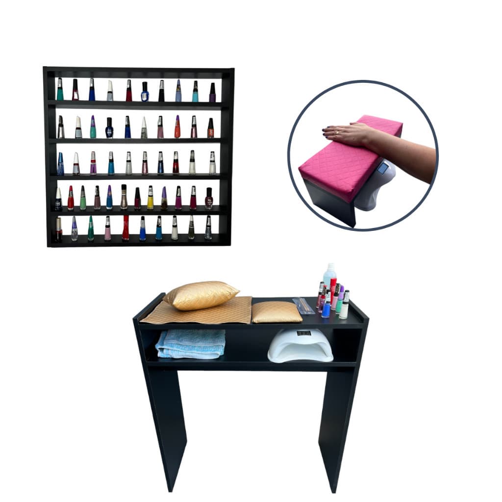 Kit Manicure Mesa Bancada + Expositor p/ 200 Esmaltes + Apoio de Mão Rosa