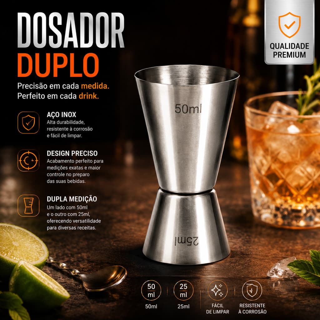 Dosador Medidor de Bebidas Duplo Barmen 50/25ml Inox Drink Whisky Vodka Gin Licor Atacado