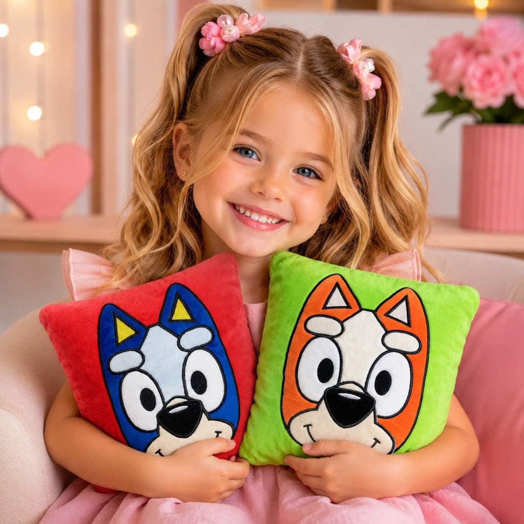 Almofada de Pelúcia 30cm bordada cachorrinho azul ou laranja bin go e  bl u e y