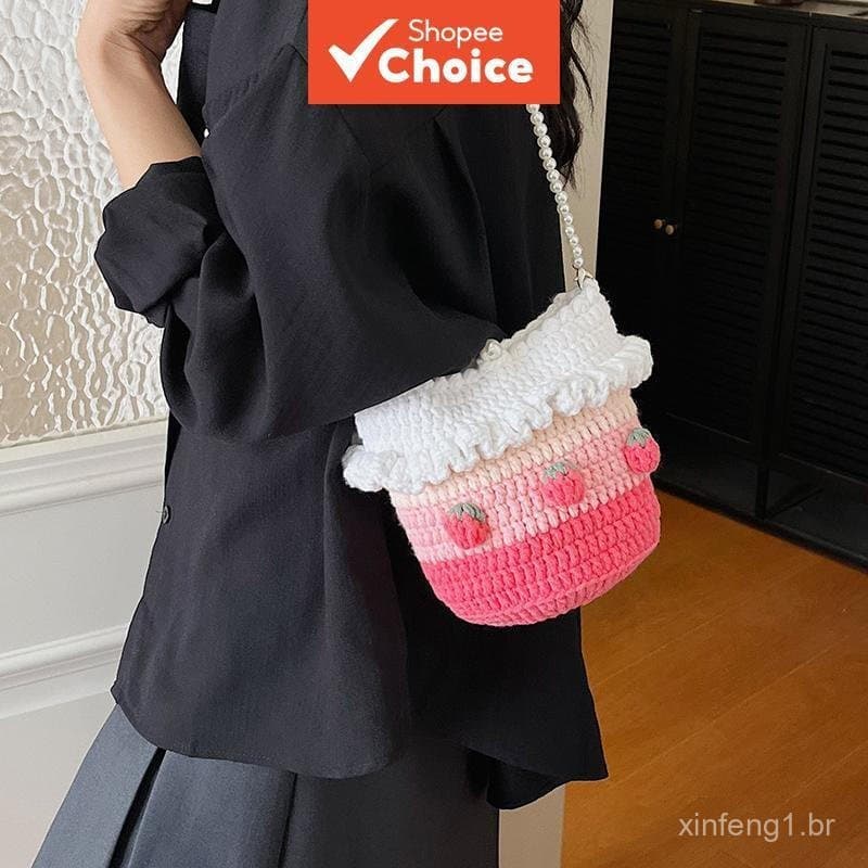 Bolsa de ombro de crochê feita à mão com alça de pérolas e estampa de morango ZF5X