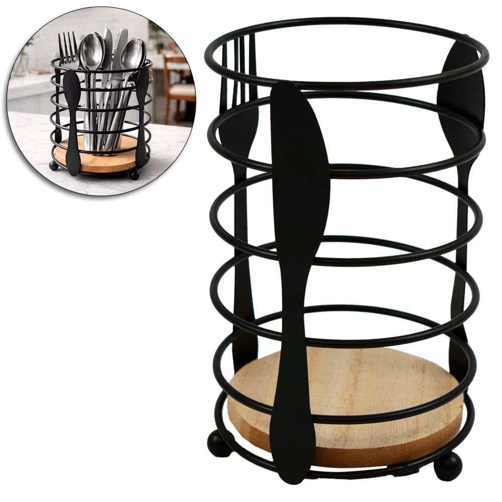 PORTA TALHER / ESCORREDOR DE TALHER ARAMADO / MADEIRA MDF REDONDO TALHERES BLACK FACILE 16X10,8CM DE Ø