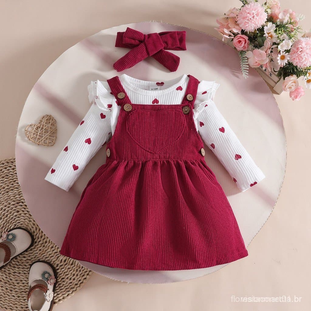 Conjunto de Vestido para Bebê de 0-18 Meses, Top de Manga Longa com Coração + Vestido de Suspensório de Corduroy + Faixa