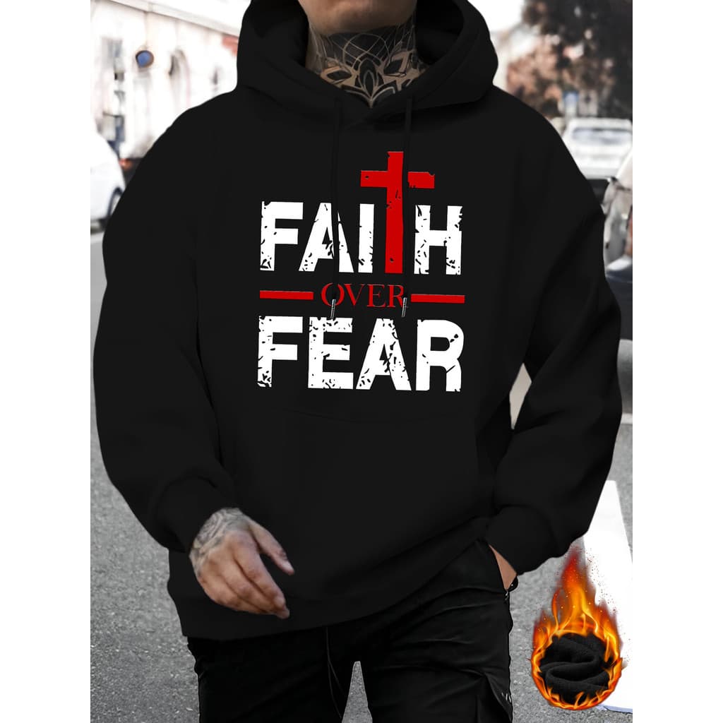 Moletom Masculino Canguru Streetwear Estampa Frase FAITH OVER FEAR, Casual com Capuz Ajustável, Perfeita Confortável